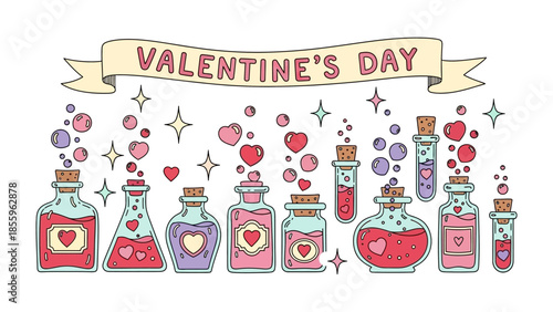 Valentine's Day Love Potions: Delightful collection of love potions and hearts perfect for the celebration of Valentine's Day.