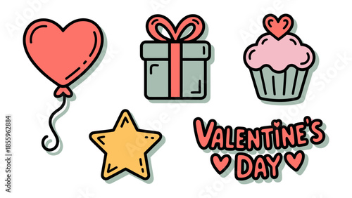 Valentine's Day Icon Set: A collection of charming Valentine's Day icons, each conveying sentiments of affection, adoration, and the spirit of the holiday. Featuring a heart-shaped balloon.