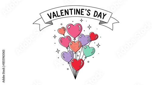 Valentine's Day Balloons: A vibrant display of heart-shaped balloons, symbolizing love, adorns a banner reading Valentine's Day, perfect for expressing affection and joy.