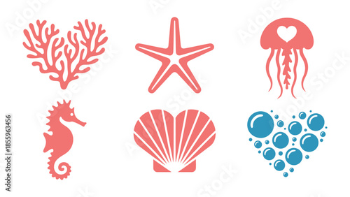 Oceanic Charm: A set of delightful marine illustrations in coral and blue hues, featuring a heart-shaped coral, starfish, jellyfish with a heart, seahorse, seashell, and heart-shaped bubbles.
