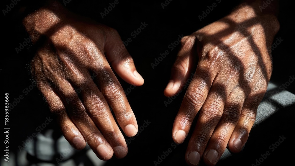 Fototapeta premium Two dark-skinned hands resting on a surface, striped shadows from sunlight crossing the fingers. Concept Sunlit striped shadows, Dark-skinned hands, Hands resting on surface, Texture and light
