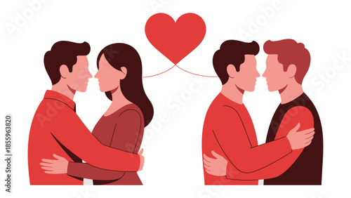 Romantic Connections: Illustrative representation of love and connection between individuals, depicted with a heart symbol and pairs embracing each other.