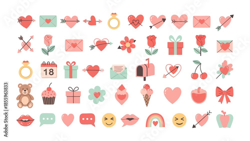Valentine's Day Icon Set: A vibrant collection of romantic symbols, each meticulously crafted to evoke feelings of love, passion, and affection, perfect for digital design and celebrations.