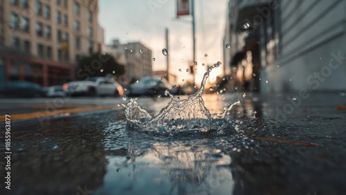 Wallpaper Mural A splash on a rain-washed city street at sunset, with blurred cars and tall buildings in the background. Concept Rainy sunset city street, Water splash and reflections, Motion-blurred cars Torontodigital.ca