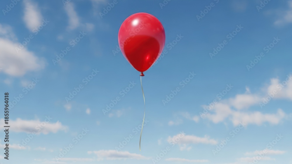 Fototapeta premium Red balloon floats against a blue sky with scattered white clouds