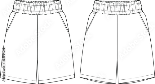 Front and back view technical sketch of women's cropped lace-up hoodie and high-waisted shorts set, featuring drop shoulders and elastic waistband fashion templates.
