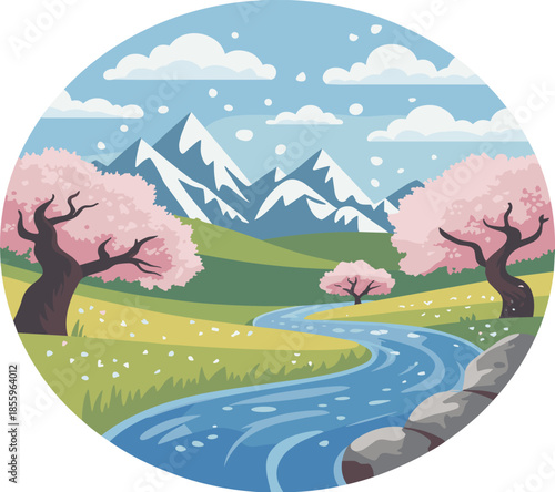 Full-Color Circular Illustration of a Winding Blue River through a Green Meadow with Pink Blossom Trees and Snow-Capped Mountains for Travel Branding