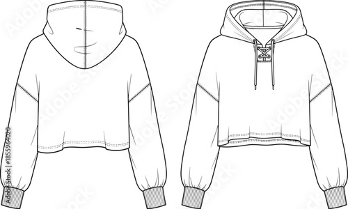 Front and back view technical sketch of women's cropped lace-up hoodie, featuring drop shoulders, ribbed cuffs, and drawstring hood for fashion design 