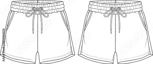 Front and back view technical sketch of women's casual sweat shorts, featuring elastic drawstring waistband, side pockets, and comfortable cotton jersey design.