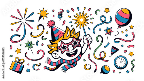 Celebration: Cartoon illustration of a kid with party celebration element. An illustration full of elements that create excitement and joy, perfect for design and decoration purposes.