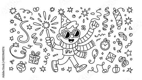 Festive Celebration: Whimsical illustration of a young person reveling in a celebratory occasion, surrounded by party elements and symbols of joy.