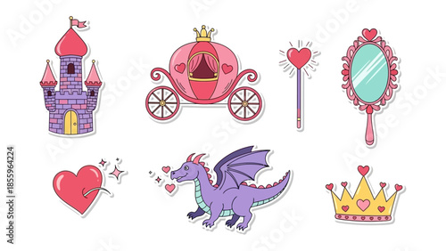 Royal Dreams: A collection of fairytale elements, including a castle, carriage, wand, mirror, heart and dragon, evoke the enchantment and imagination of a princess's world.
