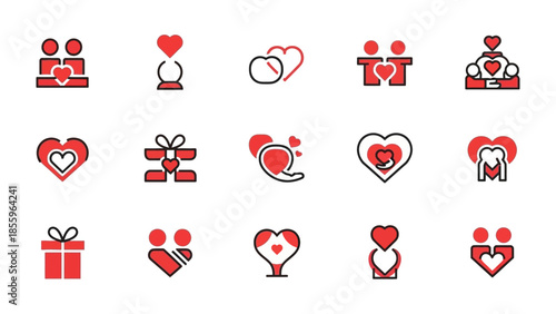 Love Symbols in Crimson: A charming array of icons, each radiating the essence of love, from intertwined hearts to heartfelt gifts, and celebratory elements, all showcased in radiant crimson.