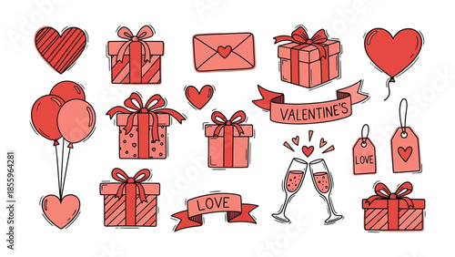 Romantic Gestures: Hand-drawn collection of Valentine's Day essentials. Featuring hearts, gifts, banners, and champagne glasses, the image captures the spirit of affection and celebration