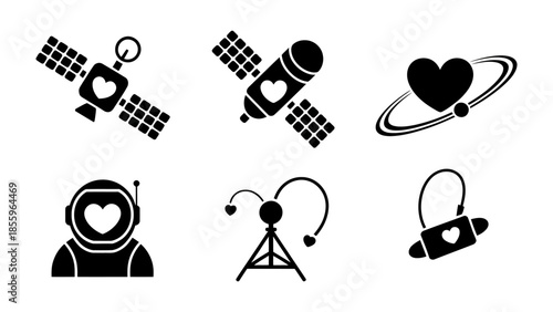 Love in Space: Vector illustration features space theme related objects incorporating hearts symbolizing affection and connection.