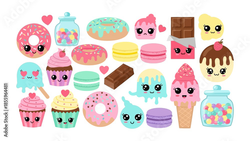 Sweet Temptations: A delightful array of sugary treats, each adorned with charming expressions, presents a captivating visual feast, perfect for those with a sweet tooth.