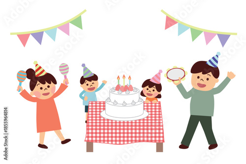 ホールケーキでお祝いをする家族