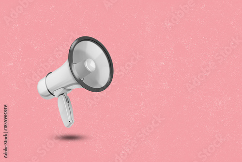 A modern art collage featuring a megaphone on a pink background. A concept for publicity and advertising.