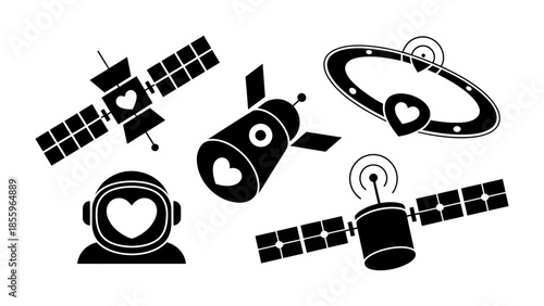 Cosmic Heart Signals: A graphic representation of love in the cosmos, symbolized by heart-shaped elements embedded within space-faring objects.