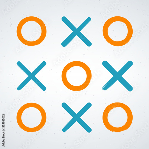 A game of tic-tac-toe with orange and blue symbols on a white background