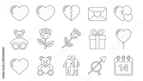 Valentine's Icon Set: A collection of charming Valentine's Day icons, featuring hearts, roses, teddy bears, and other symbols of love and affection.
