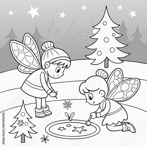 Christmas coloring page featuring a fairies' party and events of fairyland