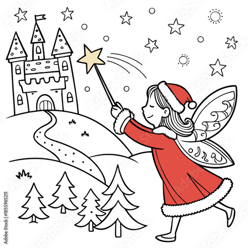 Christmas coloring page featuring a fairies' party and events of fairyland