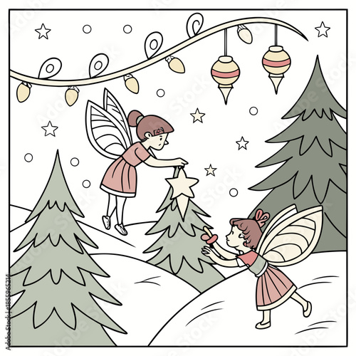 Christmas coloring page featuring a fairies' party and events of fairyland