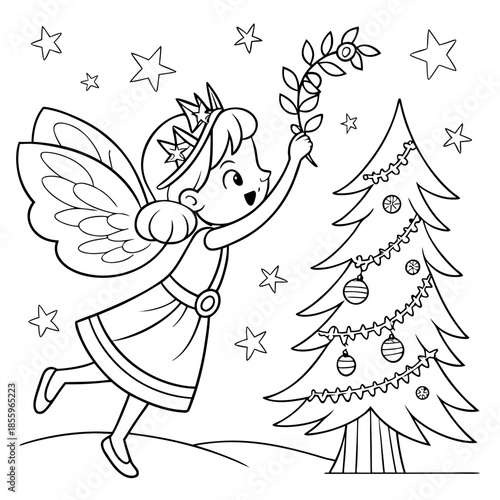 Christmas coloring page featuring a fairies' party and events of fairyland