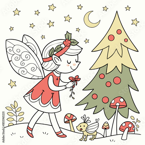Christmas coloring page featuring a fairies' party and events of fairyland