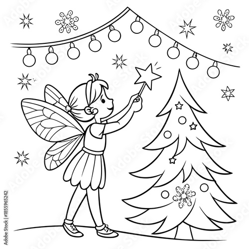 Christmas coloring page featuring a fairies' party and events of fairyland