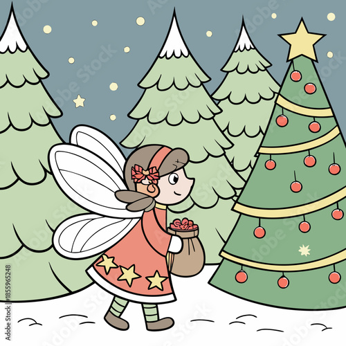 Christmas coloring page featuring a fairies' party and events of fairyland