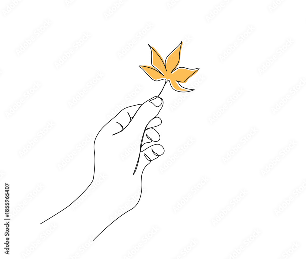 Obraz premium Continuous one line drawing of hand holding maple leaf. Hand holds leaf line art vector illustration.