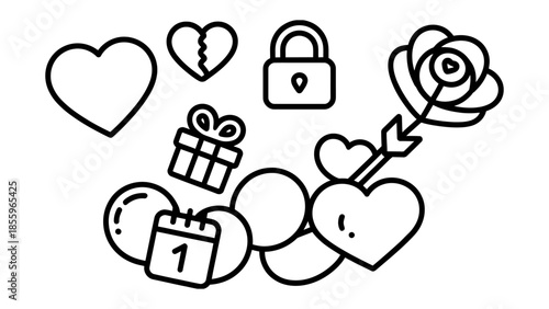 Romantic Icons: A collection of charming outline illustrations featuring hearts, a lock, a rose, a present, a calendar, and other romantic symbols, perfect for conveying themes of love, affection.