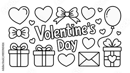 Valentine's Day Line Art: Festive line art elements celebrate Valentine's Day. It contains hearts, ribbons, gifts and a balloon, capturing the essence of affection and celebration. 