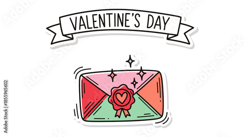 Sealed Valentine's Day Message: A vibrant envelope, sealed with a heart-shaped wax stamp, floats serenely below a banner proclaiming VALENTINE'S DAY. Symbolizing love, tenderness.