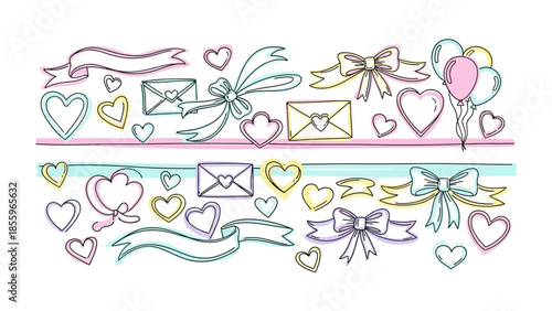 Whimsical Love & Celebration: A delightful array of hearts, ribbons, bows, balloons, and love letters in pastel colors creates a charming scene of affection and joy.