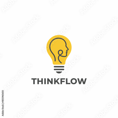 A creative logo featuring a lightbulb containing a human head silhouette formed by a single line. The text "THINKFLOW" is in bold gray font