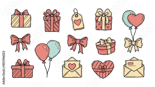 Love & Celebration: Gifts, Balloons, and Hearts: a collection of charmingly illustrated gifts, heart-shaped tokens, balloons, bows, and letters, all embodying sentiments of love and celebration.