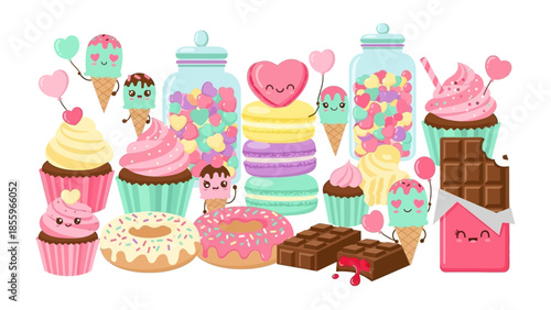 Sweet Treats Array: A delightful assortment of colorful and cute confectioneries, including cupcakes, donuts, macarons, ice creams, and chocolates, all arranged with charming personalities.
