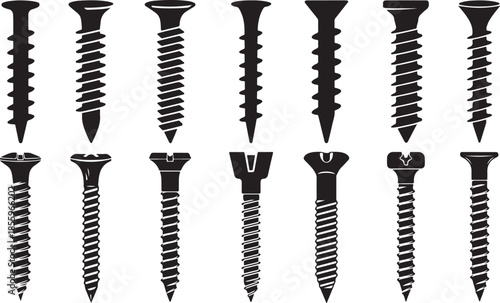 A collection of various screw types in a black and white silhouette style