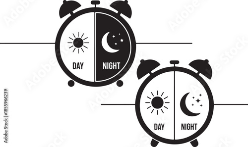 Day and night concept illustrated with two vintage alarm clocks