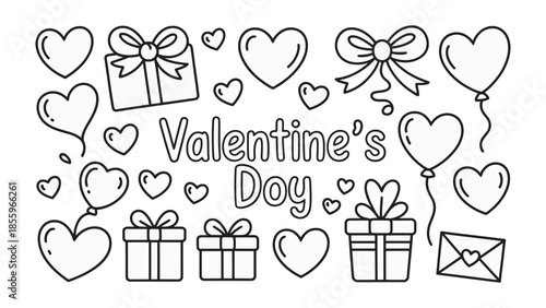 Valentine's Day Decorations: Festive hand-drawn doodles of hearts and presents express love. Perfect for Valentine's Day decorations, and cards. Simple and cute doodle to express the essence of love.