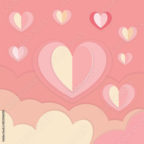 Cute Valentine Day Background with Layered Paper Cut Hearts and Soft Pink Clouds.