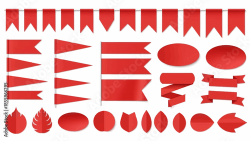 This extensive collection presents various blank red ribbons, banners, flags, and stylized leaf elements suitable for diverse graphic design applications.
