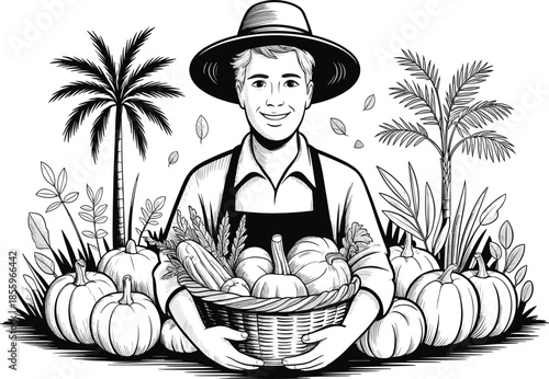 Detailed Woodcut Illustration of a Smiling Young Farmer in a Wide-Brimmed Hat Holding a Basket of Pumpkins and Vegetables Framed by Palm Trees.
