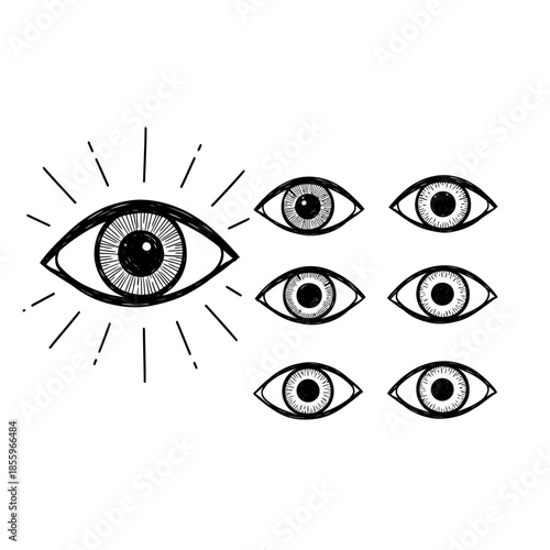 A collection of stylized eye illustrations, featuring one prominent all-seeing eye with radiating lines and several smaller, simpler eye icons, depicts concepts of vision, awareness, and insight.