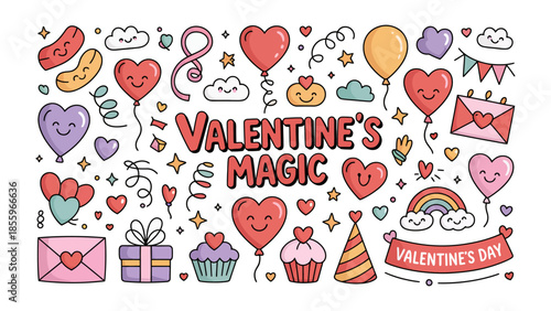 Valentine's Magic: Whimsical illustrations celebrating the enchantment of love, featuring heart balloons, cheerful clouds, and other elements of Valentine's Day.