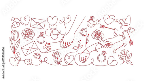Endearing Touch: A delicate line art illustration, depicting intertwined hands holding the moment of love, accompanied by hearts, envelopes, rings, and flowers, symbolizing affection, devotion.