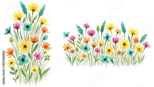 Two vibrant watercolor arrangements of cheerful wild field flowers in bright yellows, pinks, oranges, and blues with green leaves stand gracefully on a white background.